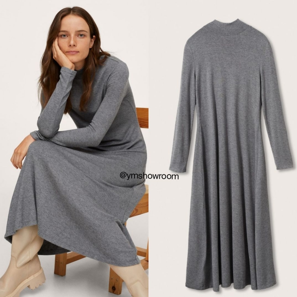 Mango Grey Long-Sleeve Knit Maxi Dress